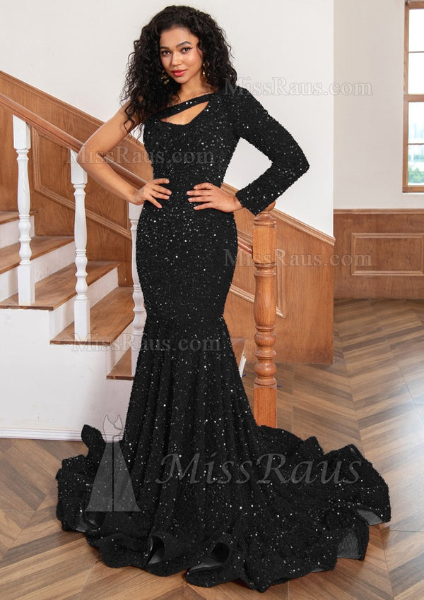 Black One Sleeves Sequins Mermaid Prom Dresses