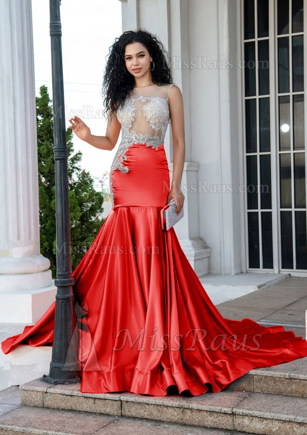 Red Satin Mermaid Prom Dresses with Lace Applique