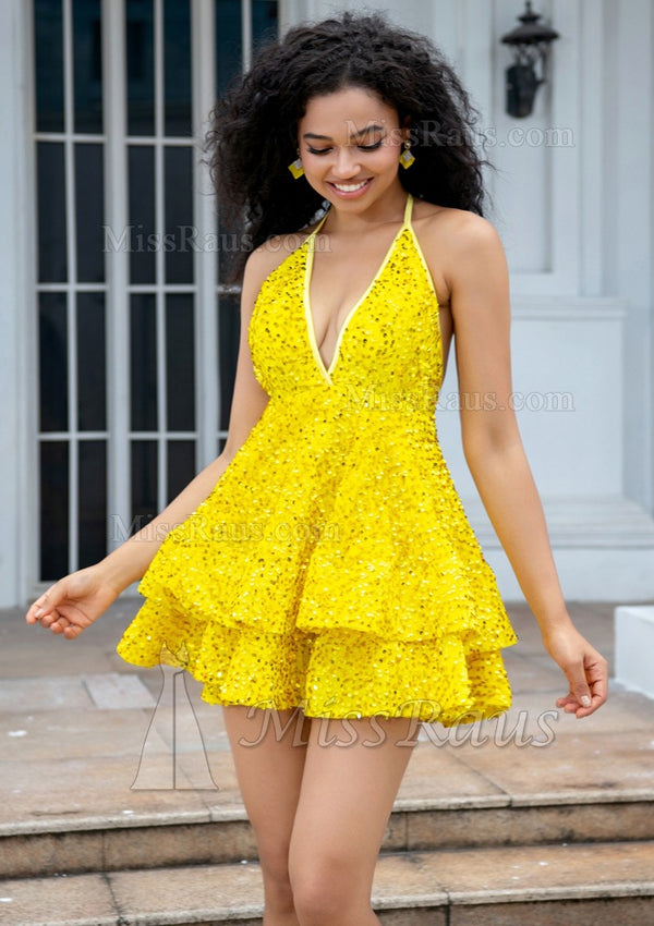 Yellow Halter Mini Sequins Homecoming Dresses with Ruffles