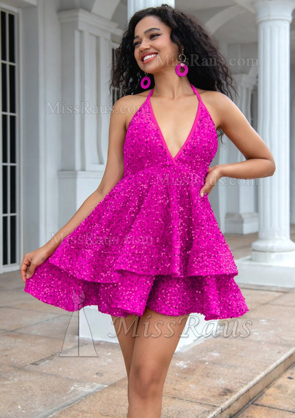 Halter Fuchsia Sequin Flounce Mini Cocktail Dress