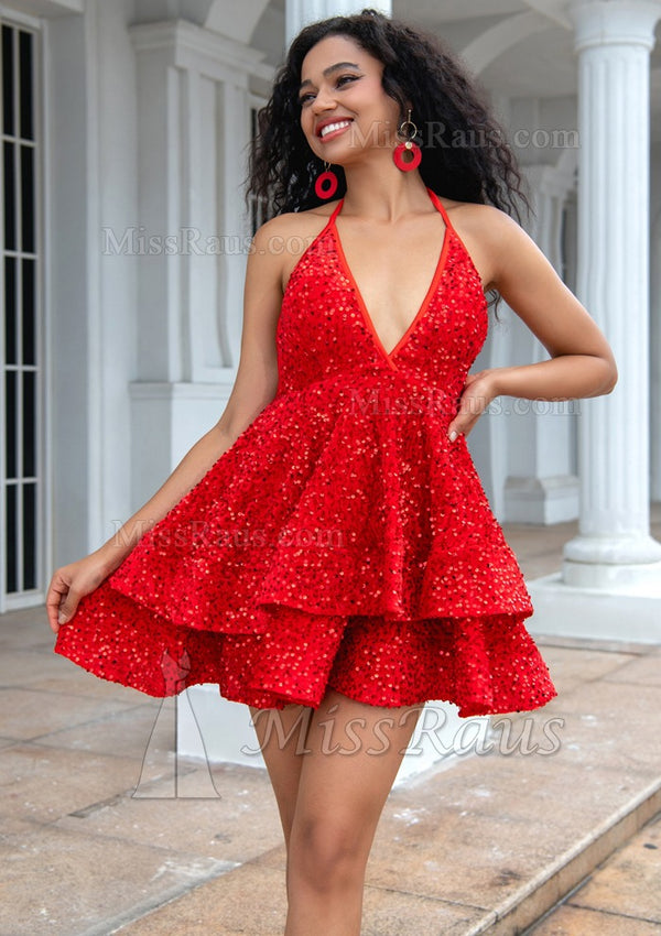 Red Halter Sequins Homecoming Dresses