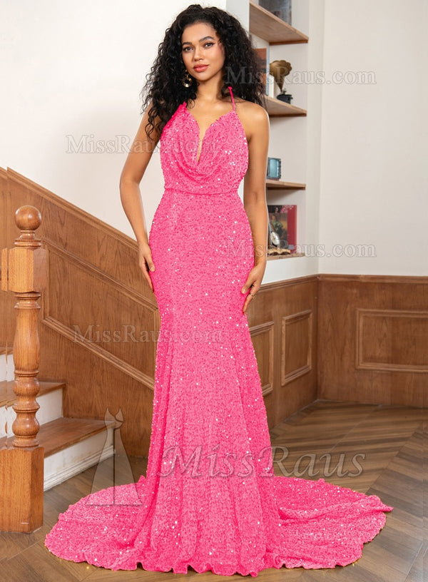 2024 Hot Pink Sequined Prom Gowns with Flattering Fit