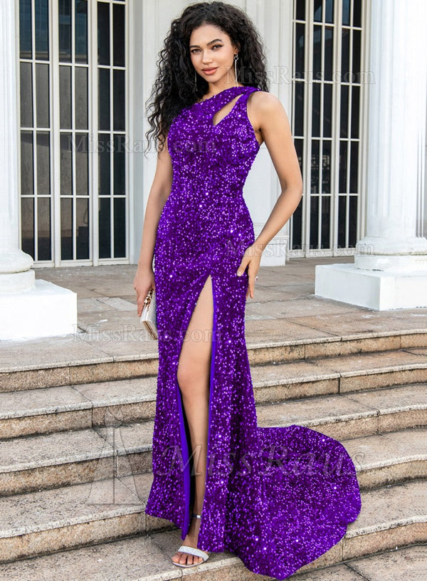 2024 Purple Sequined One Shoulder Evening Dress with Slit