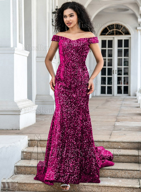 Off-Shoulder Fuchsia Sequin Prom Dresses