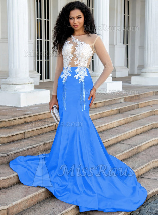 Blue Silk like Satin Long Sleeves Prom Gown With Applique