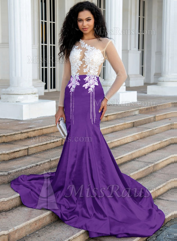 Long Sleeves Purple Applique Illusion Evening Gowns