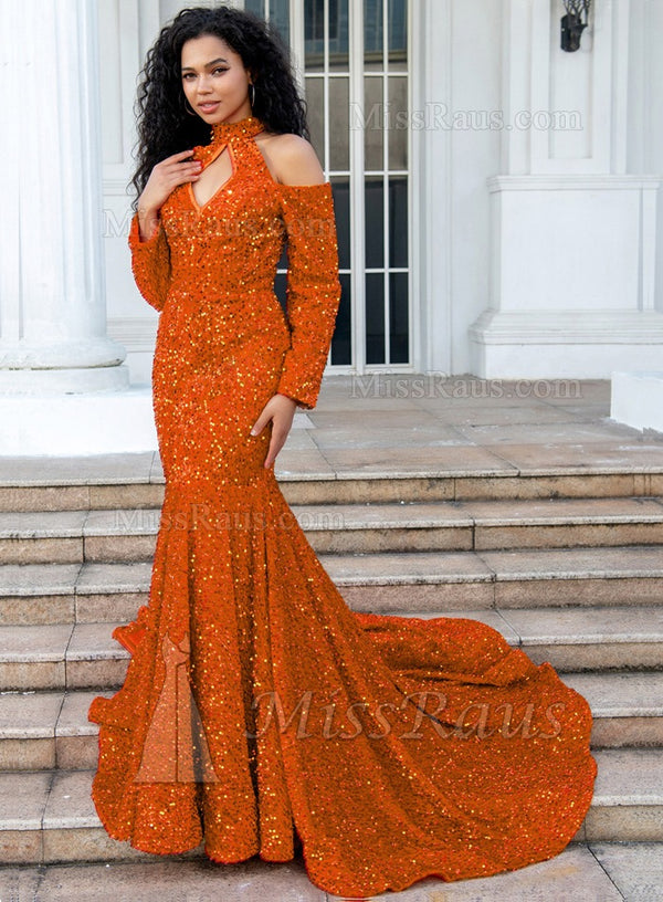 Long Sleeves Orange Cut-out Shoulder Mermaid Prom Dresses