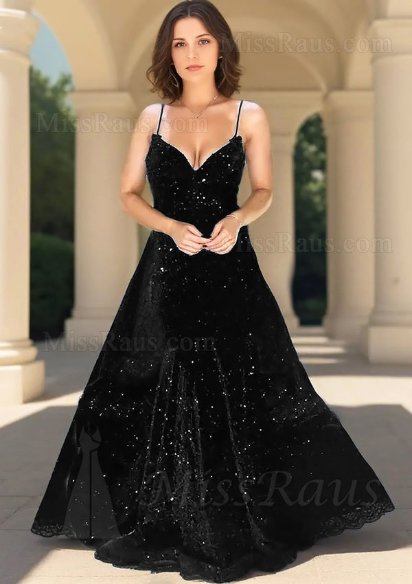 Black A Line Sweetheart With Spaghetti Straps Sequence Long Prom Dress