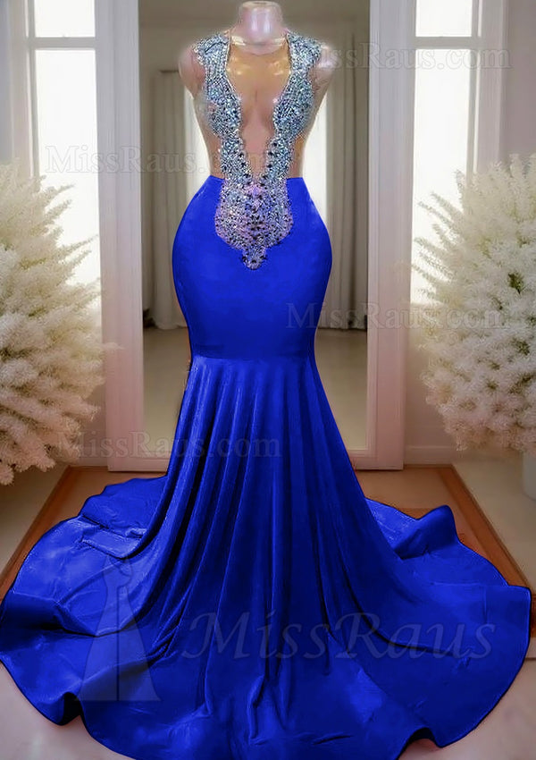 Blue Sheath Round Neck Long Prom Dress With Diamonds