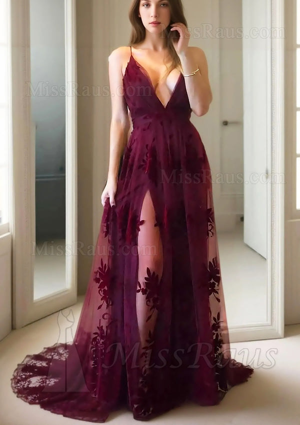 A Line Tulle Deep V Neck Burgundy Long Prom Dress With Side Slit