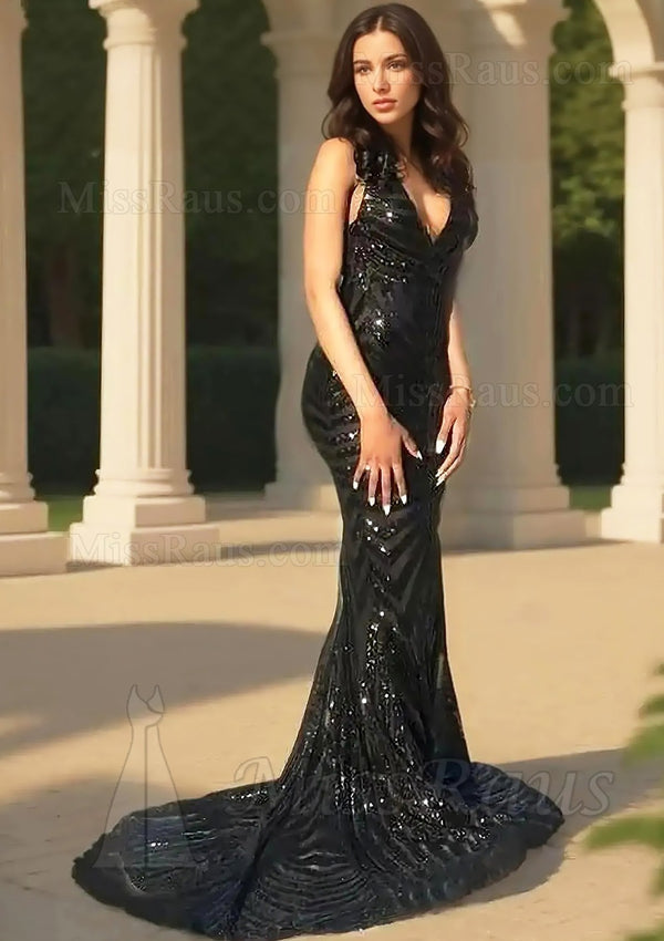 Mermaid Black V Neck Long Sequence Prom Dress