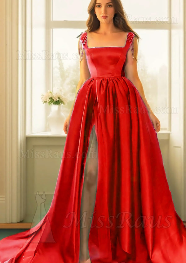 A Line Satin Burgundy Square Neckline Side Slit Long Prom Dress