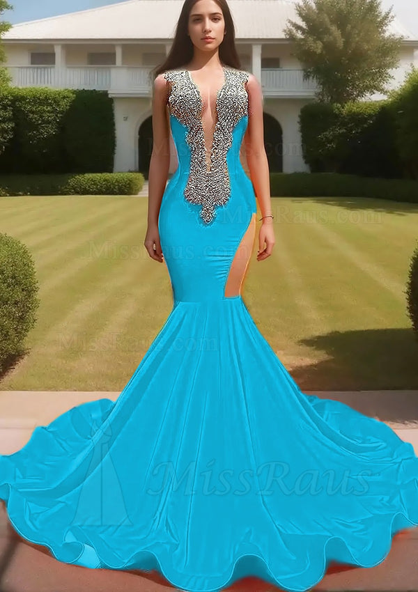 Blue Mermaid V Neck Elastic Satin Long Prom Dress With Diamonds