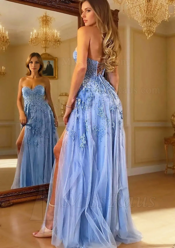 A Line Sweetheart Light Sky Blue Tulle With Appliques Side Slit Long Prom Dress