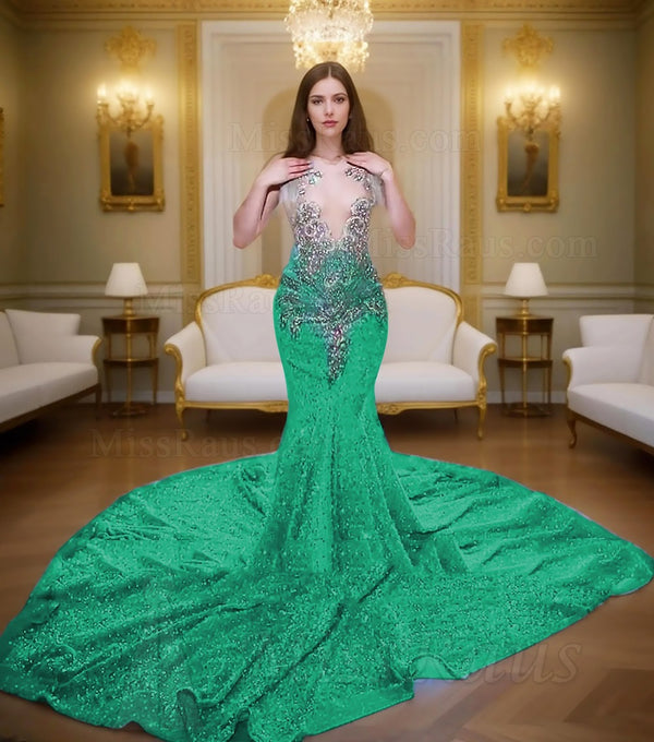 Mermaid Emerald Green Sequence Long Beaded Prom Dress With Diamonds