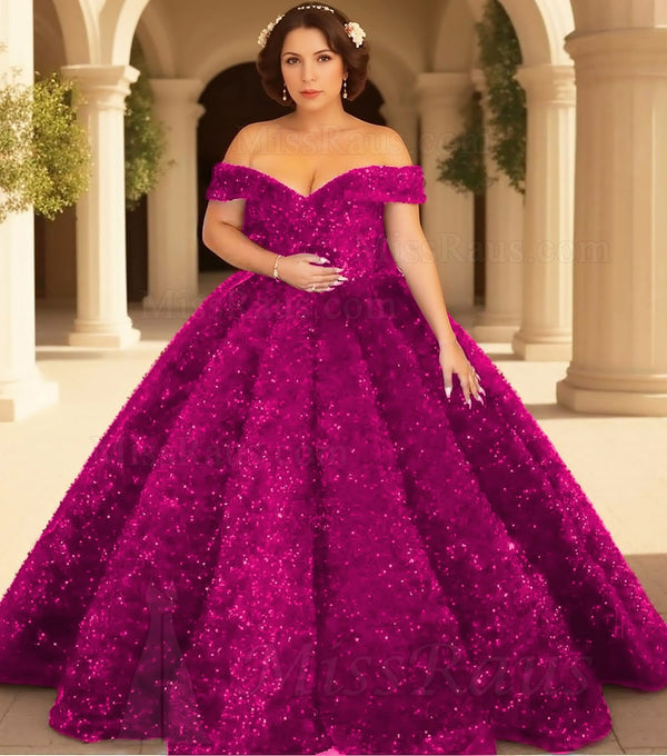 Off Shoulder Plus Size Fuchsia Sweetheart Sequence Ball Gown Prom Dress