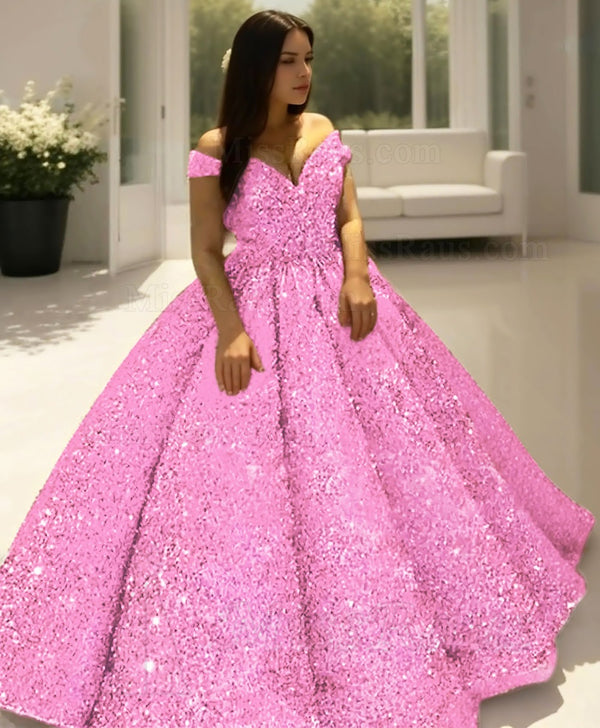 Pink Off Shoulder Sweetheart Sequence Long Ball Gown Prom Dress