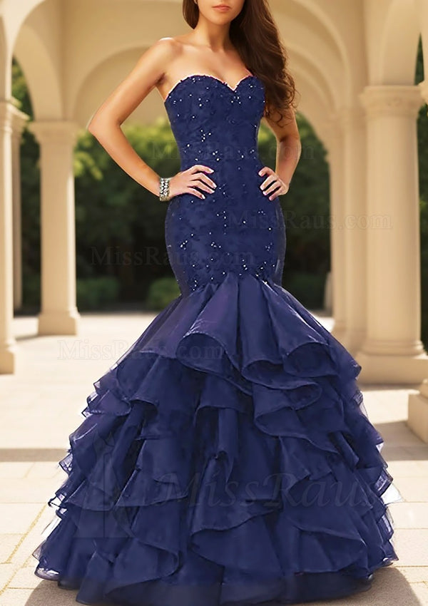 Mermaid Organza Ruffles Sweetheart Dark Navy Beaded Long Prom Dress