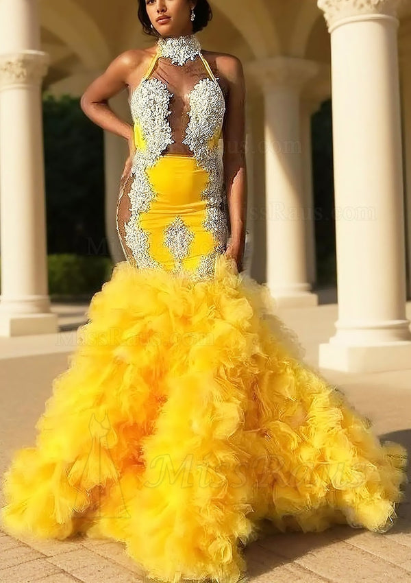 Mermaid Yellow High Neck Tulle With Appliques Long Prom Dress