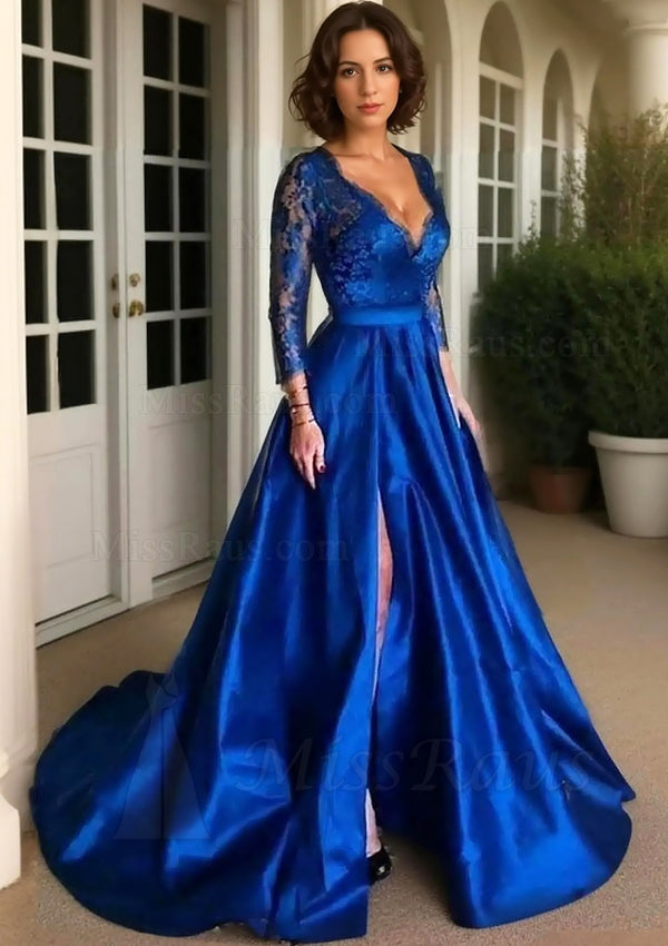 A Line Royal Blue Long Sleeves Satin V Neck Lace Side Slit Prom Dress