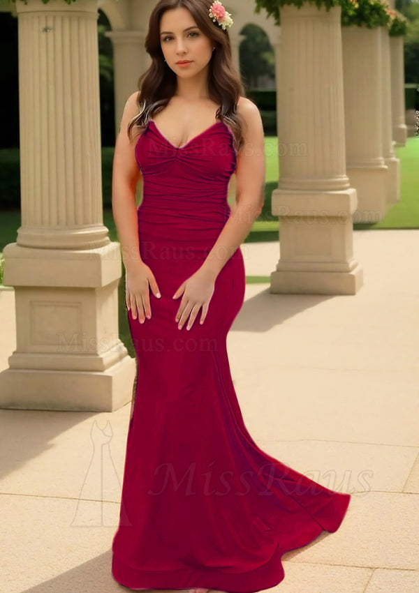 Sheath Matte Satin Burgundy Halter Ruched Long Prom Dress With Corset Back