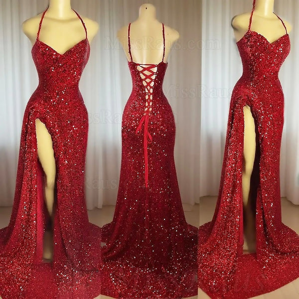 Red Sheath Sweetheart Halter Side Slit Sequence Long Prom Dress