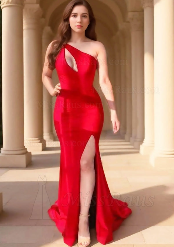 Red Sheath One Shoulder Side Slit Matte Satin Long Prom Dress