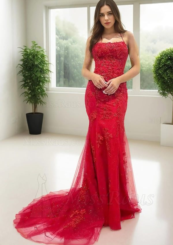 Red Sheath Halter Corset Back Tulle Prom Dress With Appliques