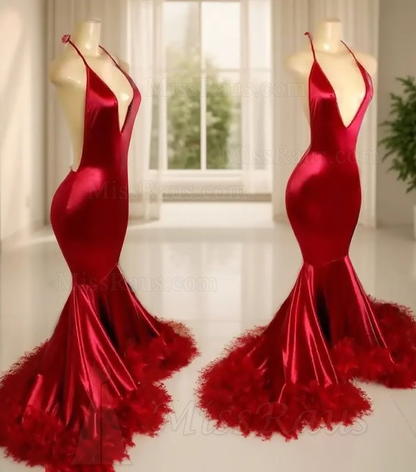 Red Mermaid Elastic Satin Deep V Neck Halter Long Prom Dress With Feathers