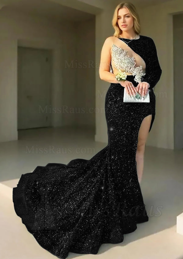 Black One Sleeves Side Slit Sheath Round Neck Long Prom Dress