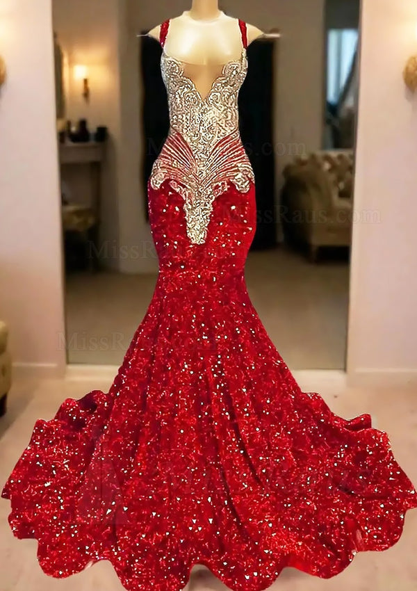 Mermaid Red Sequence Halter Long Prom Dress With Diamonds