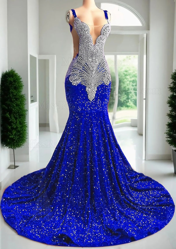 Royal Blue Halter Mermaid Sequence Long Prom Dress With Diamonds