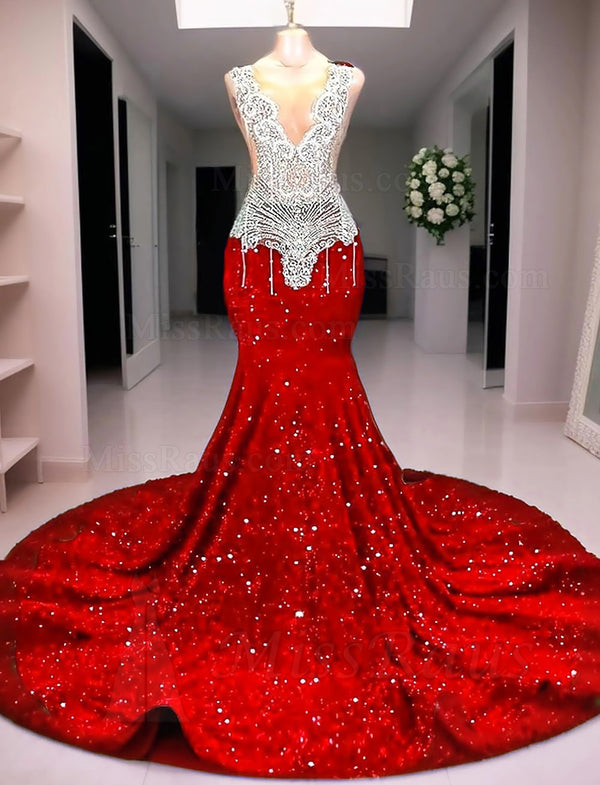 Red Mermaid Sequence Round Neck Long Prom Dress With Diamonds