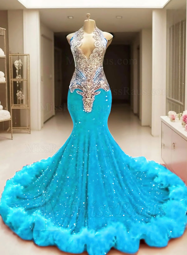 Blue Mermaid Sequence Long Prom Dress With Ruffles And Diamonds