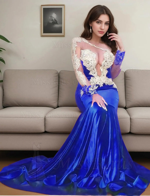 Sheath Royal Blue Elastic Satin Long Sleeves Prom Dress With Appliques