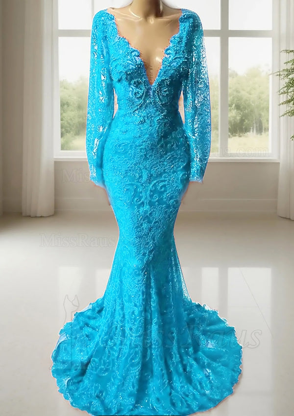 Blue Mermaid Long Sleeves V Neck Lace Long Prom Dress