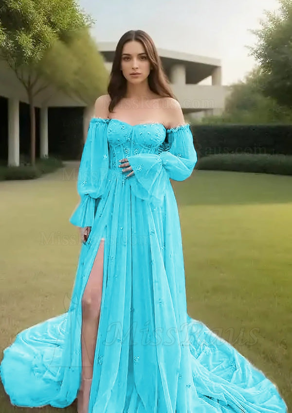 A Line Blue Long Sleeves Off Shoulder Tulle Sweetheart Side Slit Long Prom Dress