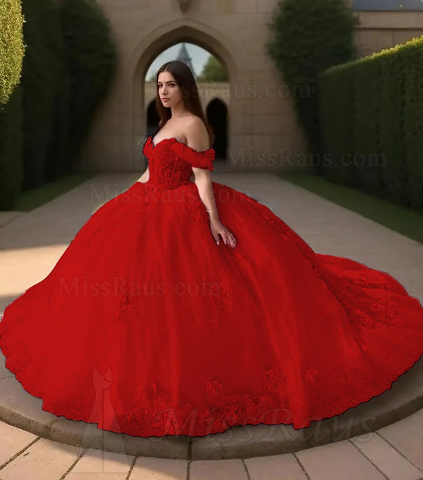 Sweetheart Red Tulle With Appliques Long Off Shoulder Ball Gown Prom Dress