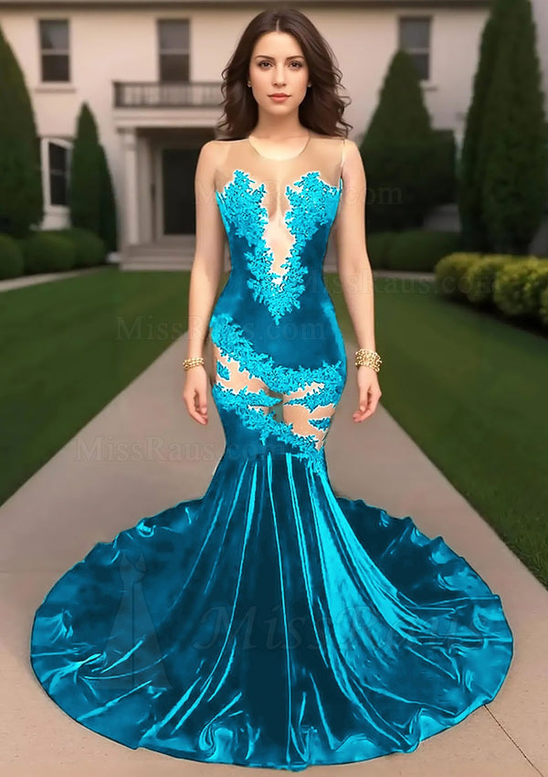 Blue Velvet Mermaid With Mesh Long Prom Dress With Appliques