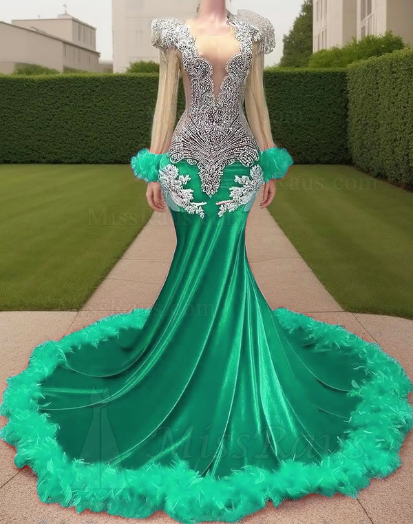 Mermaid Emerald Green Elastic Satin Long Sleeves Beaded Long Prom Dress With Diamonds