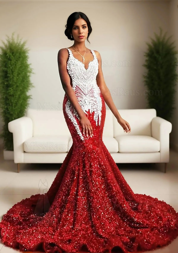 Red Mermaid Sequence Long Train Prom Dress With Diamonds