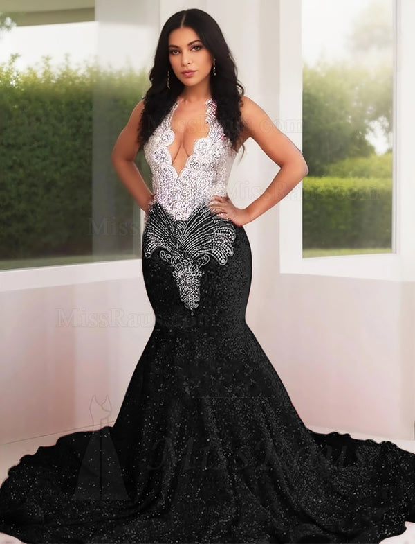 Black Mermaid Sequence Long Prom Dress With Diamonds