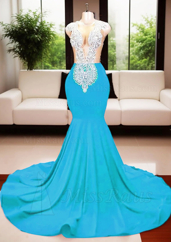 Mermaid Blue Matte Satin Beaded Long Prom Dress With Diamonds