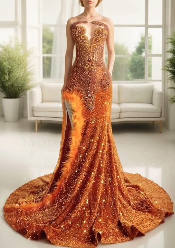 Orange Sheath Sequence Asymmetrical Long Side Slit Prom Dress With Diamonds