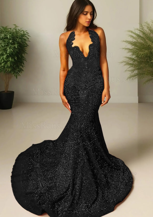 Mermaid Sequence Long Round Neck Black Prom Dress With Diamonds