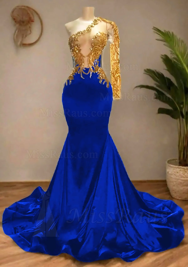 One Shoulder Royal Blue Mermaid Elastic Satin Long Prom Dress With Appliques