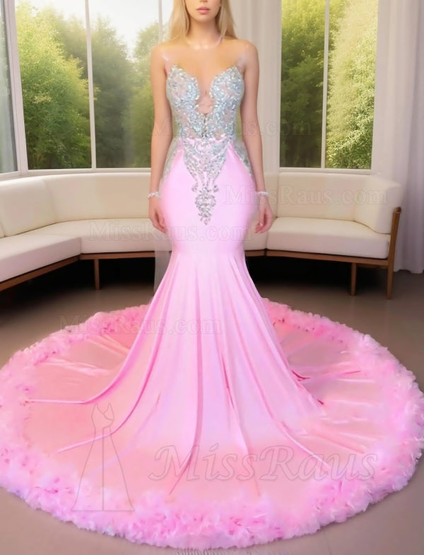 Mermaid Pink Round Neck Elastic Satin Long Prom Dress With Feathers