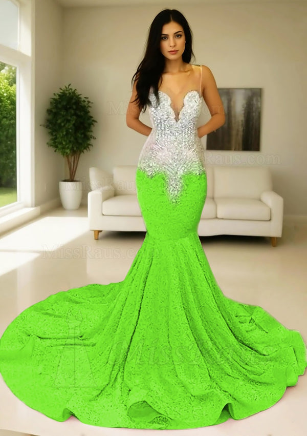 Mermaid Sequence Lime Green Long Sleeves Prom Dress With Diamonds