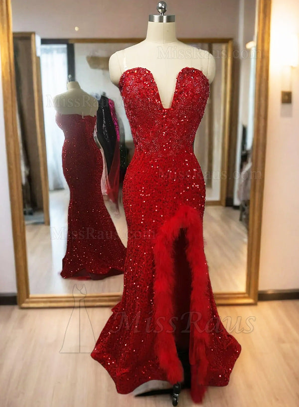 Strapless Sweetheart Red Sequins Formal Dress with Feather-Slit Prom Gown