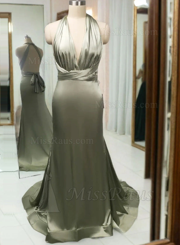 Open Back V-neck Sage Satin Halter Evening Gown / Prom Dress